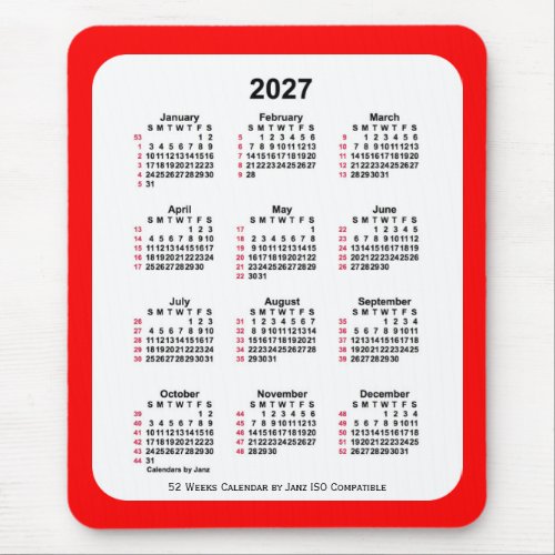 2027 Red 52 Weeks ISO Calendar by Janz Two Tone Mouse Pad