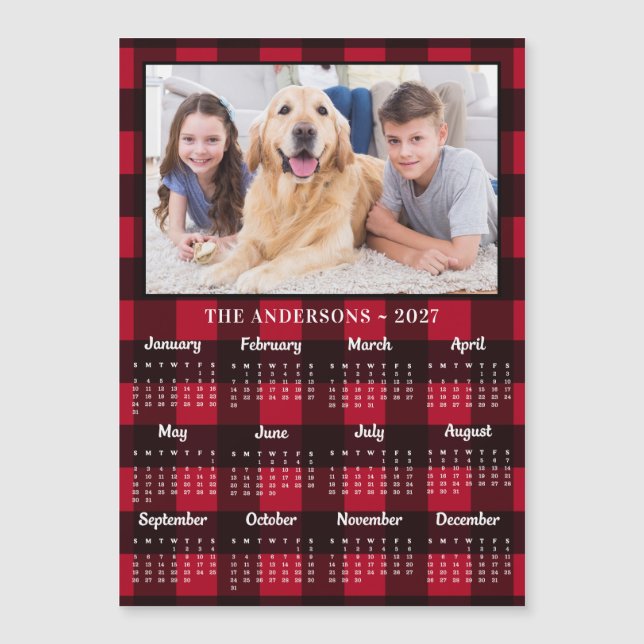 2027 Red Buffalo Plaid Photo Calendar Magnet Card (Front)