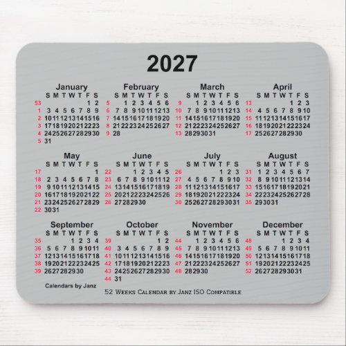 2027 Silver 52 Weeks ISO Calendar by Janz Mouse Pad