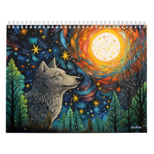 2027 stained glass forest wolf with moon calendar