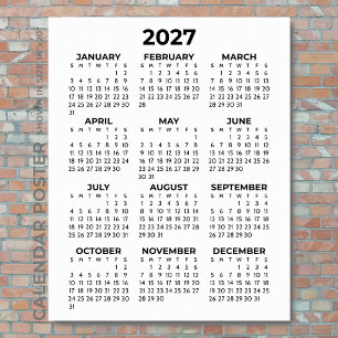 2027 Wall Calendar Simple Basic Black and White Poster