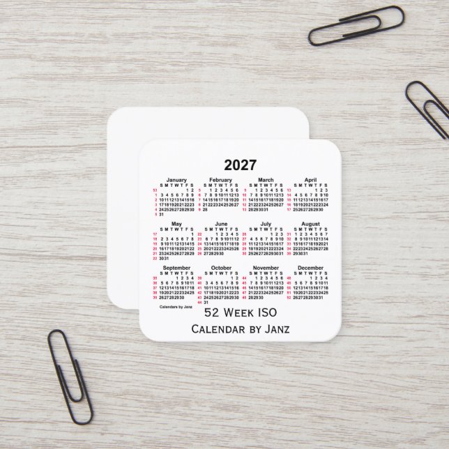 2027 White 52 Week ISO Calendar by Janz Square Business Card (Front/Back In Situ)
