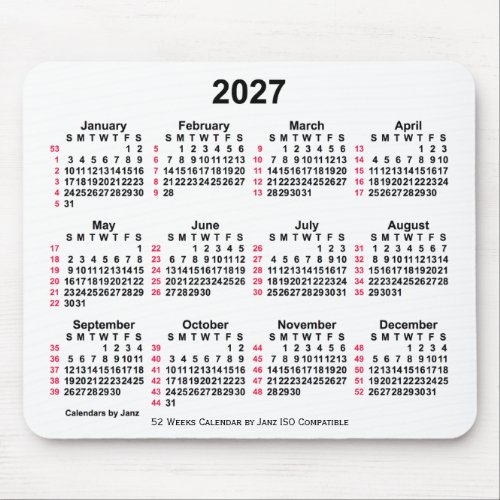 2027 White 52 Weeks ISO Calendar by Janz Mouse Pad