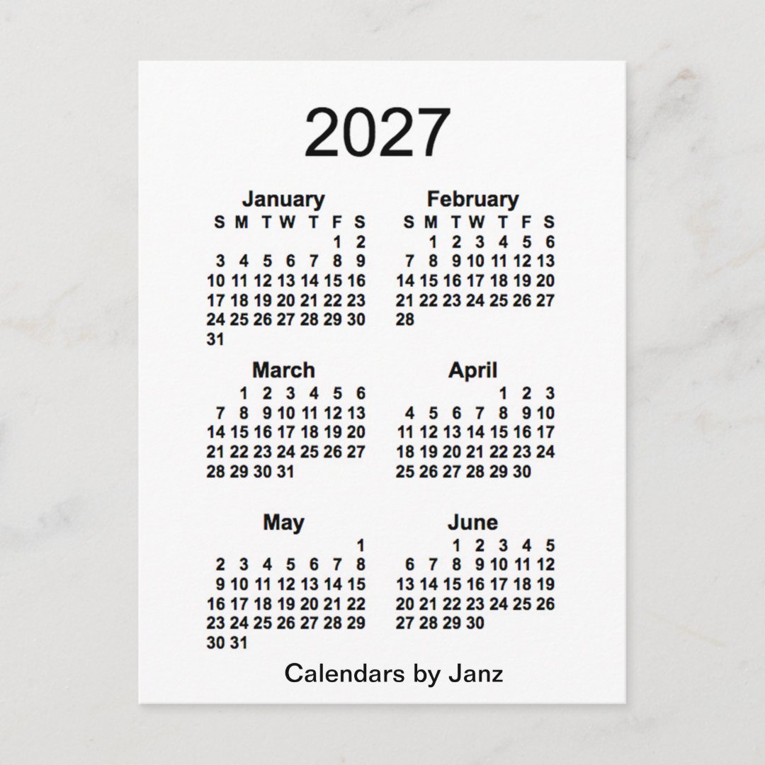 2027 White 6 Month Mini Calendar by Janz Postcard | Zazzle