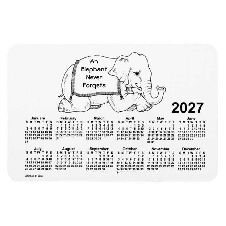 2027 White Elephant Calendar by Janz 4x6 Zazzle