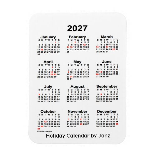 2027 White  Holiday Calendar by Janz Magnet