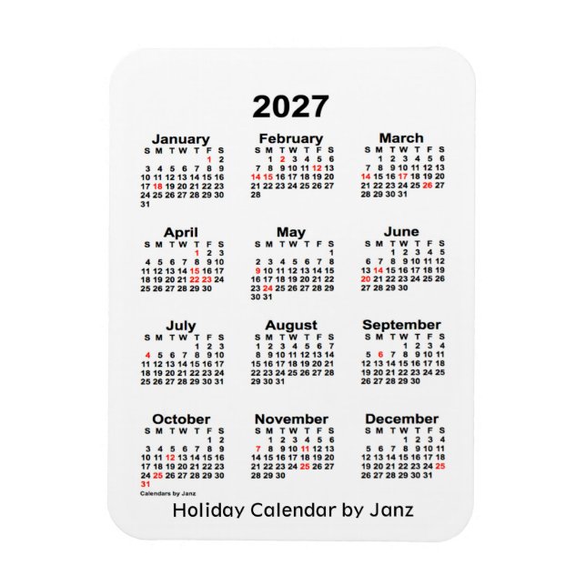 2027 White  Holiday Calendar by Janz Magnet (Vertical)
