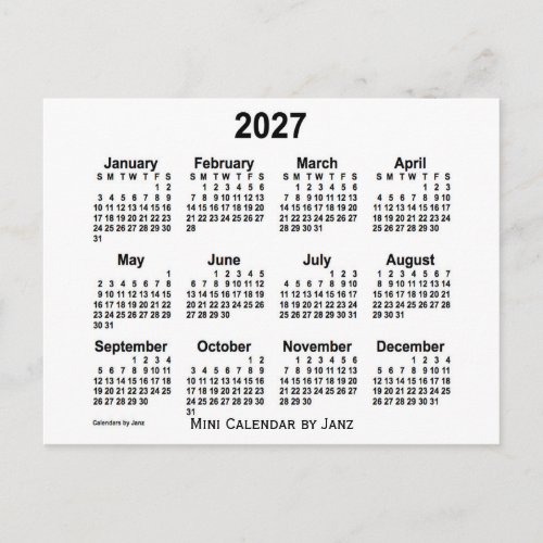 2027 White Mini Calendar by Janz Postcard