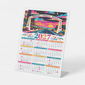 2027 World's Longest Beach Colorful Retro Sunset Pedestal Sign