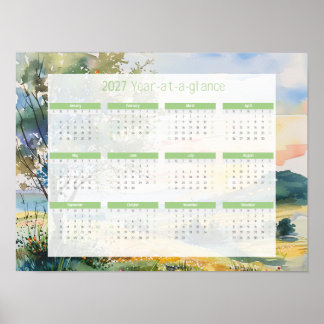 2027 Year at a Glance Watercolour Calendar Poster