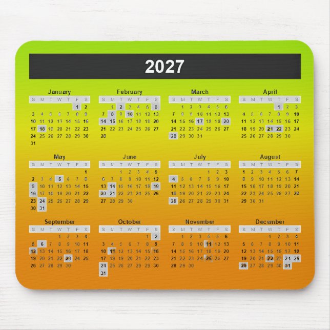 2027 Year Calendar On Neon Lime And Orange Mouse Pad (Front)