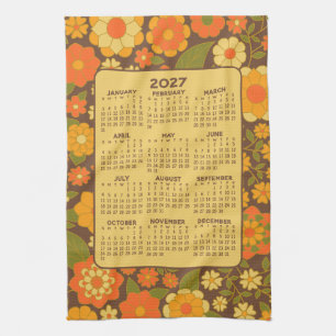 2027 Year Calendar - Retro Flowers - Green Brown Kitchen Towel