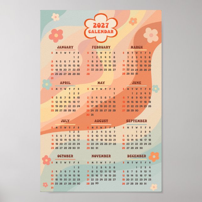 2027 Yearly Calendar Groovy Vintage Pastel Swirl Poster (Front)