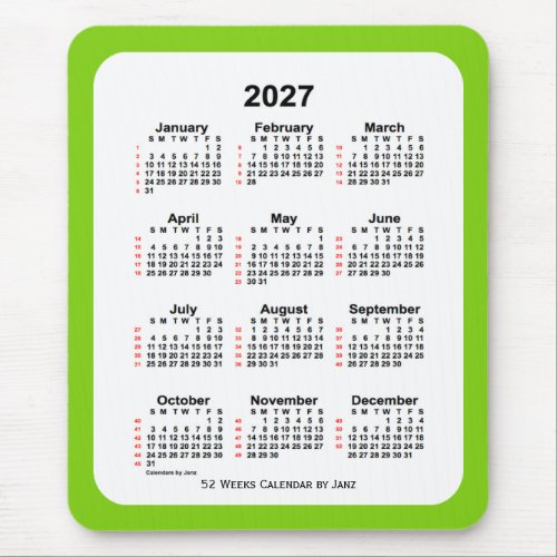 2027 Yellow Green 52 Week Calendar by Janz Mouse Pad