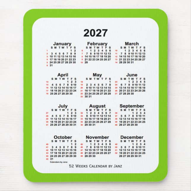 2027 Yellow Green 52 Week Calendar by Janz Mouse Pad (Front)