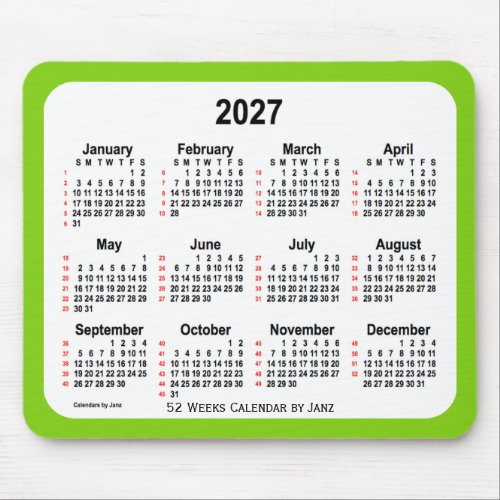 2027 Yellow Green 52 Weeks Calendar by Janz Mouse Pad