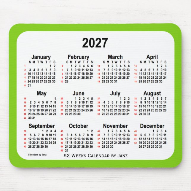 2027 Yellow Green 52 Weeks Calendar by Janz Mouse Pad (Front)