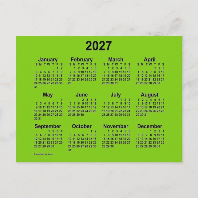 2027 Yellow Green Mini Calendar by Janz Postcard (Front)