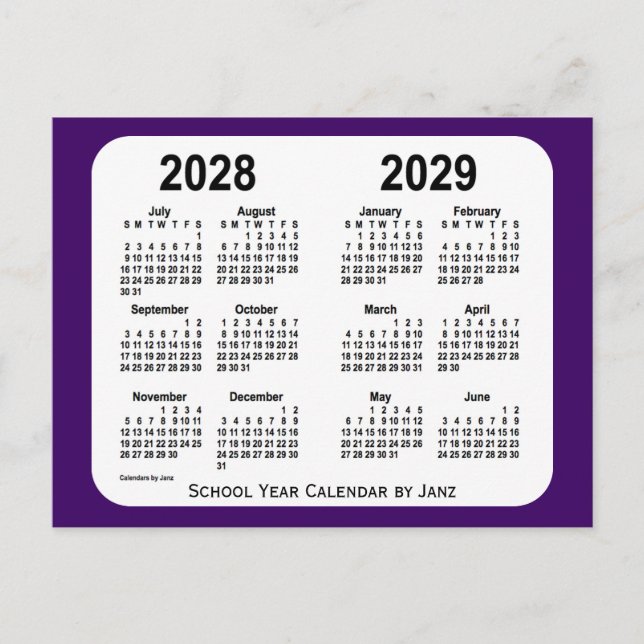 2028-2029 Purple Mini School Year Calendar by Janz Postcard (Front)