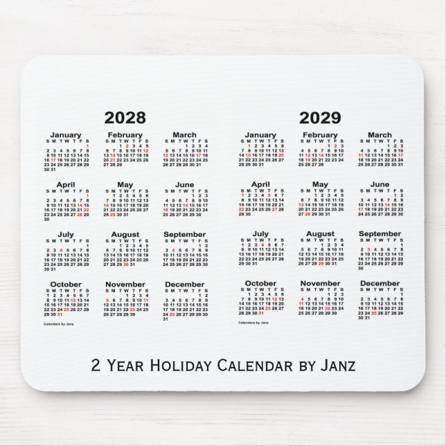 2028-2029 White 2 Year Holiday Calendar by Janz Mouse Pad (Front)