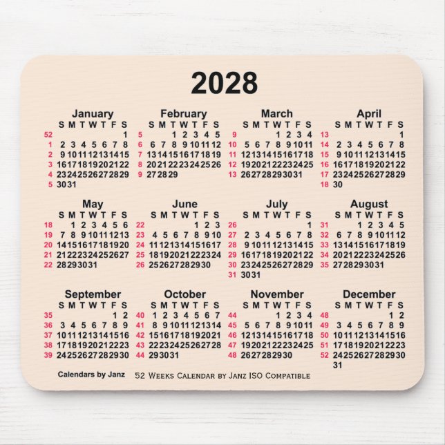 2028 Antique White 52 Weeks ISO Calendar by Janz Mouse Pad (Front)