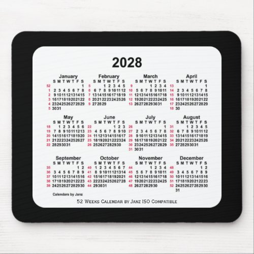 2028 Black 52 Weeks ISO Calendar by Janz Two Tone Mouse Pad