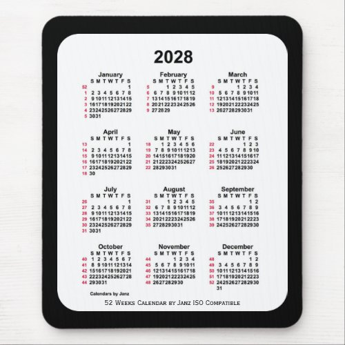 2028 Black 52 Weeks ISO Calendar by Janz Two Tone Mouse Pad