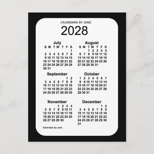 2028 Black 6 Month Mini Calendar by Janz Postcard