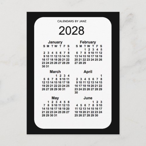 2028 Black 6 Month Mini Calendar by Janz Postcard