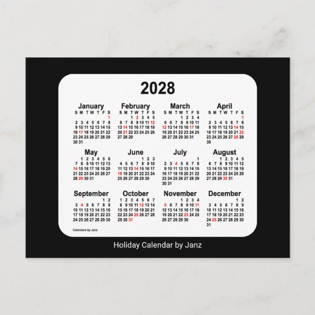 2028 Black Holiday Mini Calendar by Janz Postcard (Front)