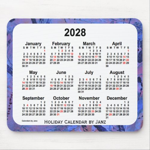 2028 Blue Holiday Art Calendar by Janz Mouse Pad