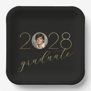 2028 Graduation Party Photo Frame on Black Paper Plates