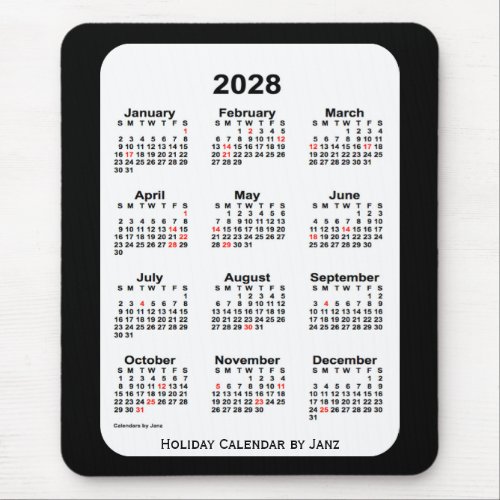 2028 Holiday Two Tone Black Calendar by Janz Mouse Pad