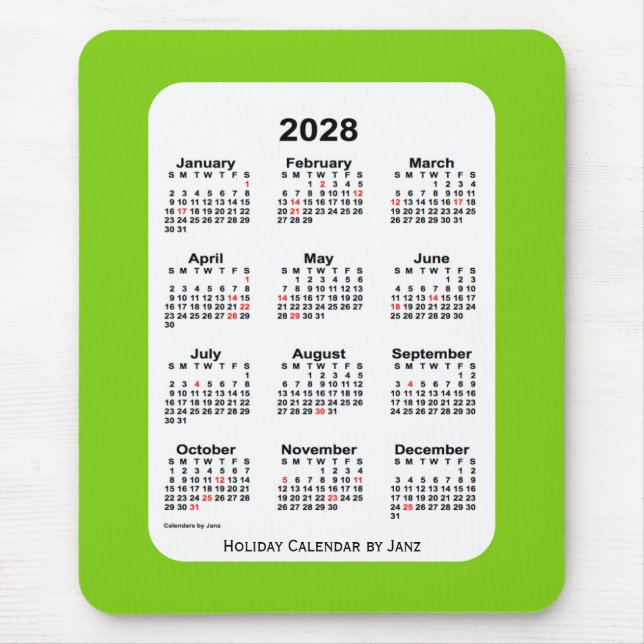 2028 Holiday Yellow Green Calendar by Janz Mouse Pad (Front)