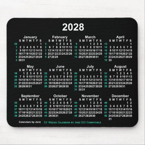 2028 Neon White 52 Weeks ISO Calendar by Janz Mouse Pad