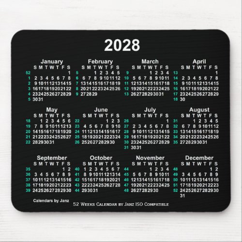 2028 Neon White 52 Weeks ISO Calendar by Janz Mouse Pad