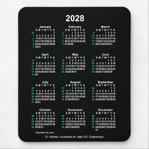 2028 Neon White 52 Weeks ISO Calendar by Janz Mouse Pad