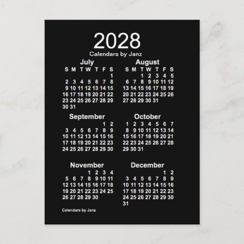 2028 Neon White 6 Month Mini Calendar by Janz Postcard