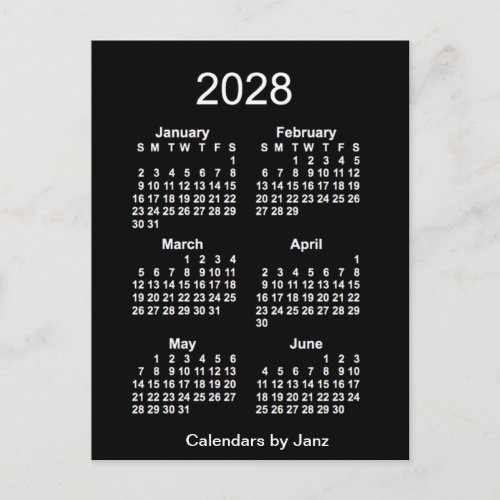 2028 Neon White 6 Month Mini Calendar by Janz Postcard