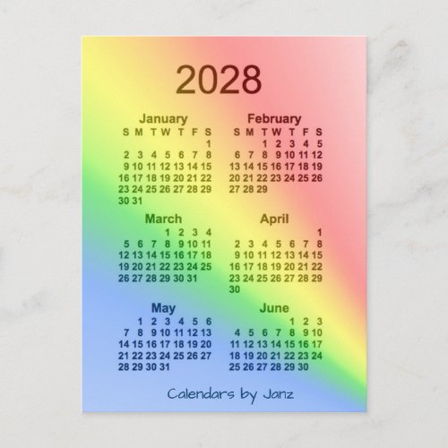 2028 Rainbow 6 Month Mini Calendar by Janz Postcard