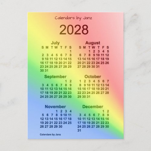 2028 Rainbow 6 Month Mini Calendar by Janz Postcard