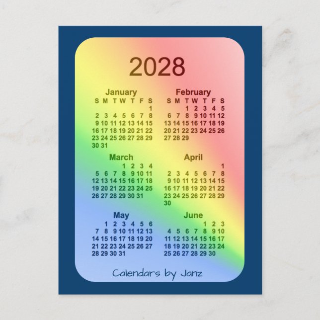 2028 Rainbow Blue 6 Month Mini Calendar by Janz Postcard (Front)