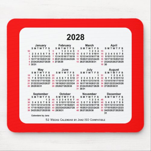 2028 Red 52 Weeks ISO Calendar by Janz Two Tone Mouse Pad