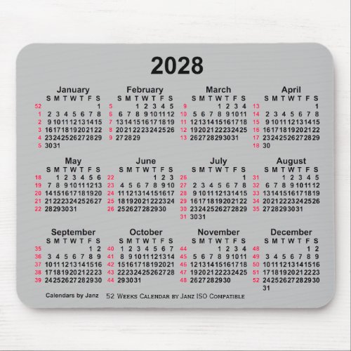 2028 Silver 52 Weeks ISO Calendar by Janz Mouse Pad