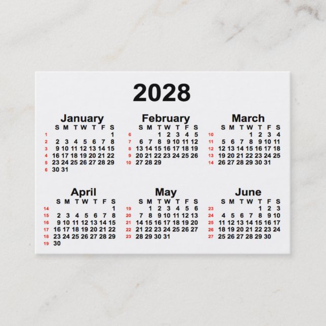 2028 White 52 Week Calendar by Janz Business Cards (Front)