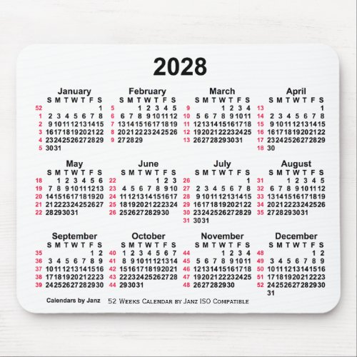2028 White 52 Weeks ISO Calendar by Janz Mouse Pad