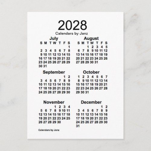 2028 White 6 Month Mini Calendar by Janz Postcard