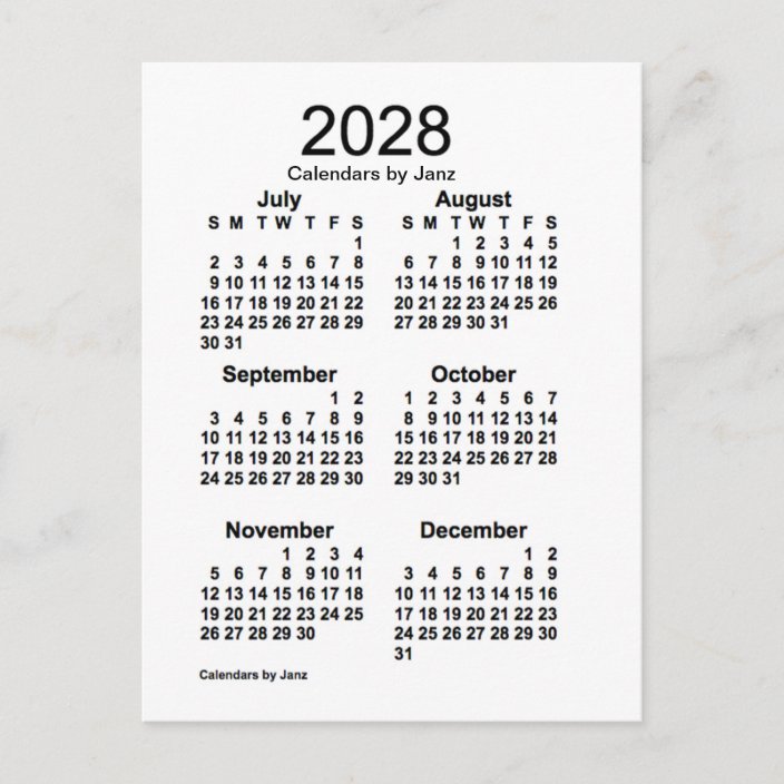 2028 White 6 Month Mini Calendar By Janz Postcard Zazzle