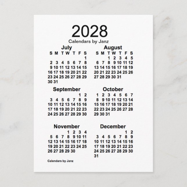 2028 White 6 Month Mini Calendar by Janz Postcard (Front)