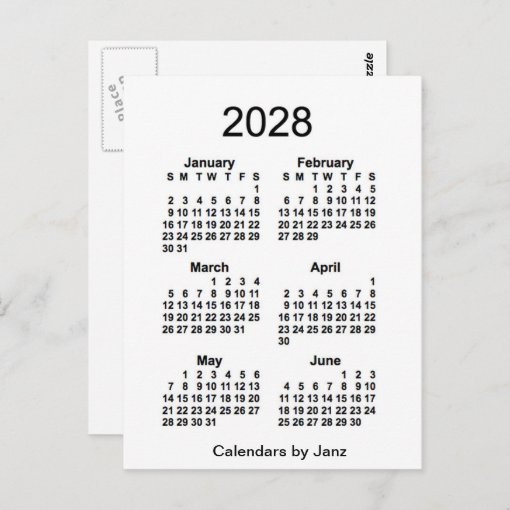 2028 White 6 Month Mini Calendar by Janz Postcard | Zazzle